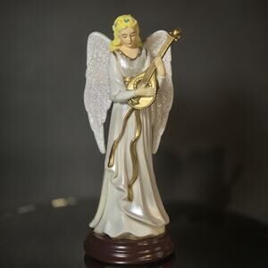 Vintage Enesco 6.5" Angel Figurine White / Gold Robe Playing Lute Music Box